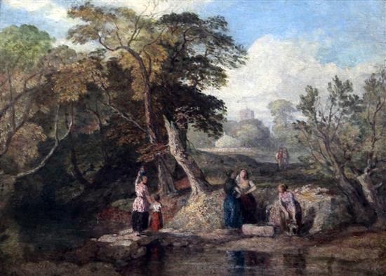19th century English School Landscape with women beside a spring 13.5 x 18.5in.